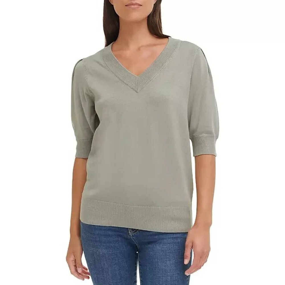 DKNY Ladies Puff Sleeve Sweater Size XS Sagebrush Green V-Neck Pullover